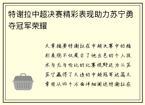 特谢拉中超决赛精彩表现助力苏宁勇夺冠军荣耀