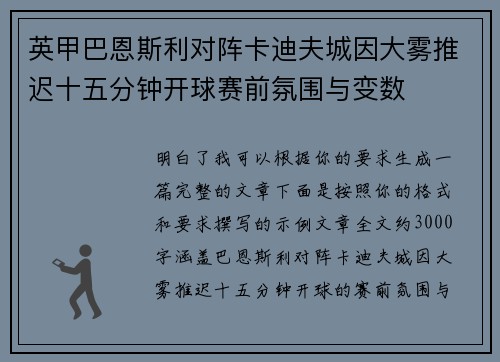英甲巴恩斯利对阵卡迪夫城因大雾推迟十五分钟开球赛前氛围与变数